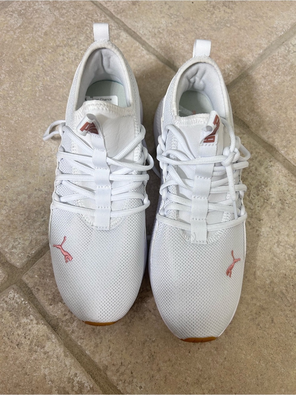 Puma Women’s White Mesh Sneakers with rose gold Logo Accents Sz 11